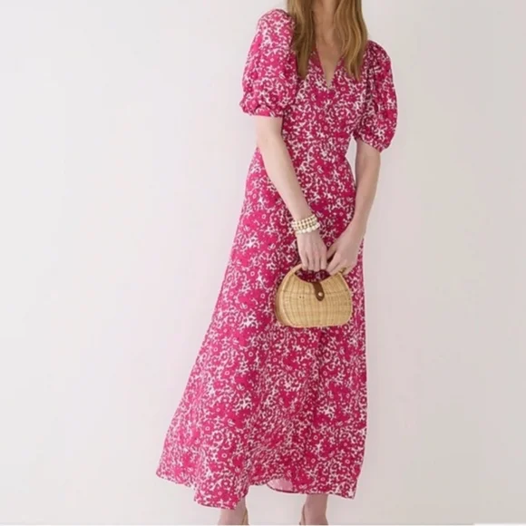 J. Crew Collection Puff Sleeve V Neck Maxi Dress Drapey Floral Pink Sz 8 Easter - Picture 14 of 15
